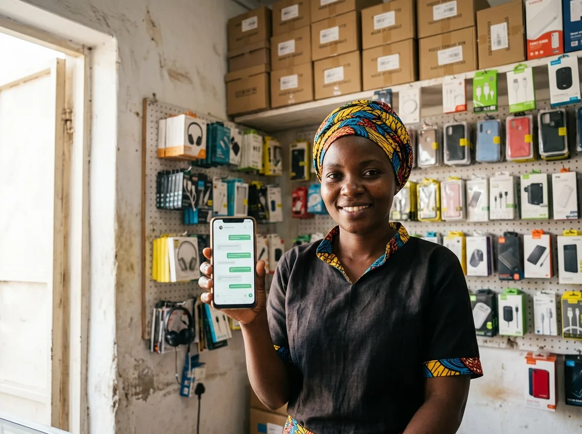 Tanzanian shop owner using C-chat